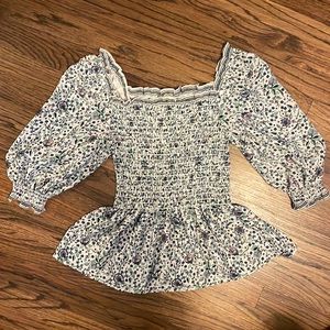 Puff Sleeve Peplum Style Blouse in Blue Floral and Paisley Print